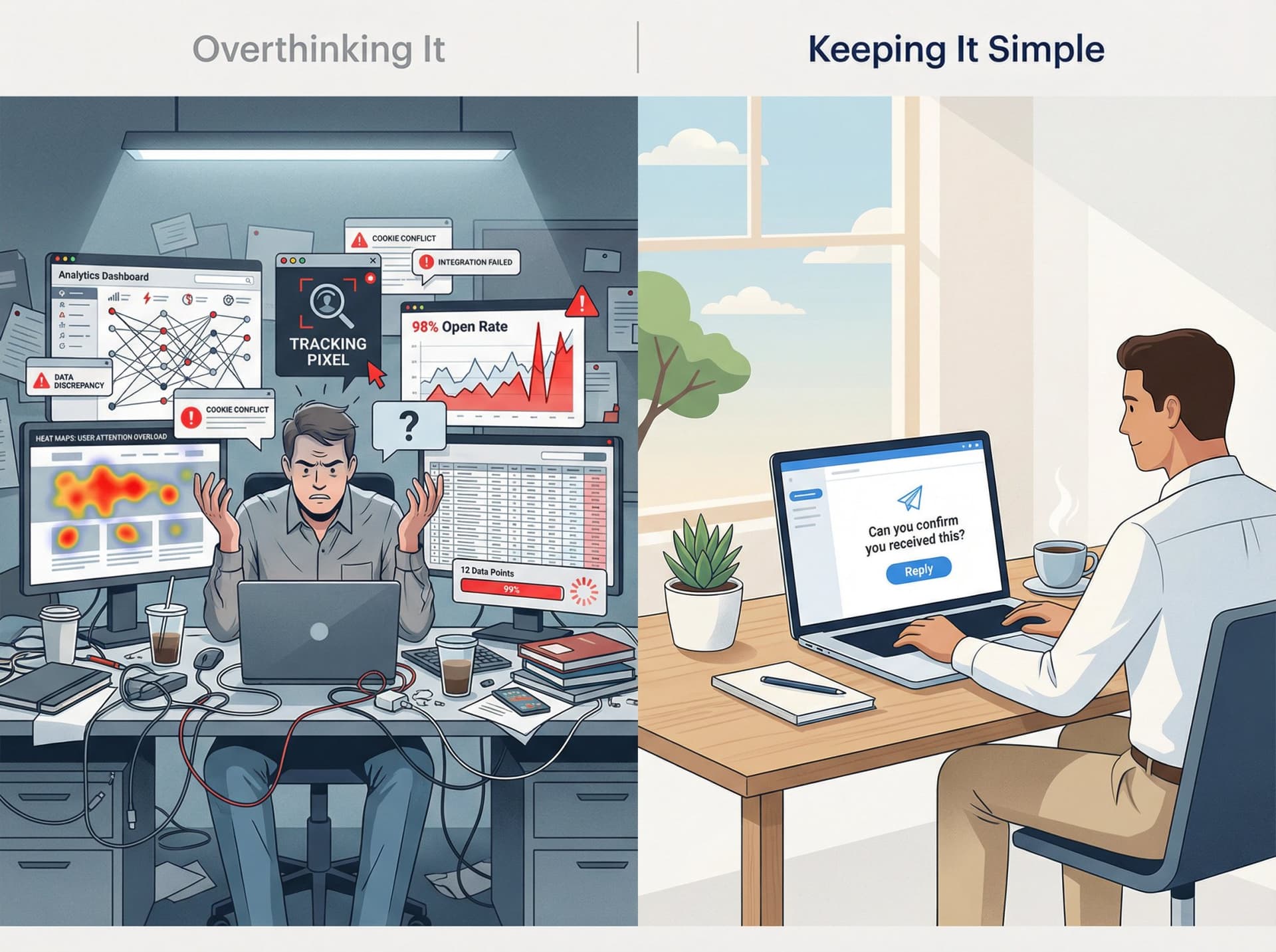 Split illustration contrasting complex email tracking dashboards with simple confirmation request approach