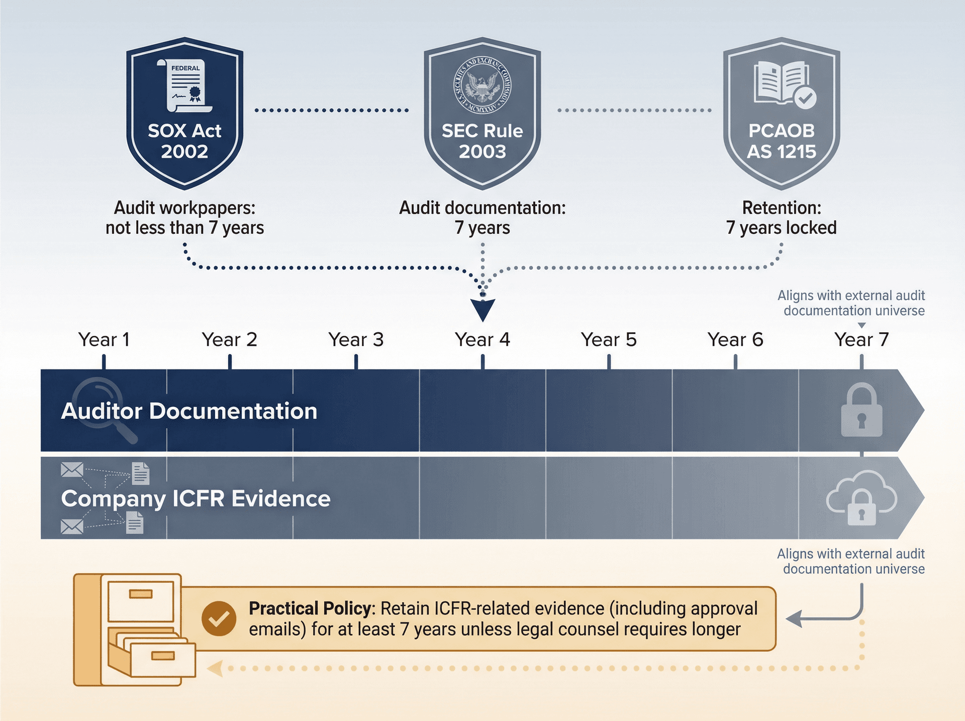 7-year SOX email retention framework showing regulatory sources and practical company policy alignment