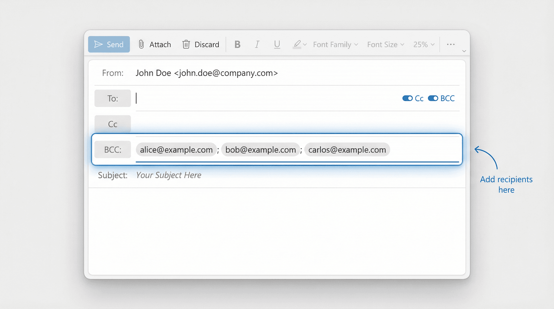 Outlook compose window showing BCC field with example recipients for private group email sending